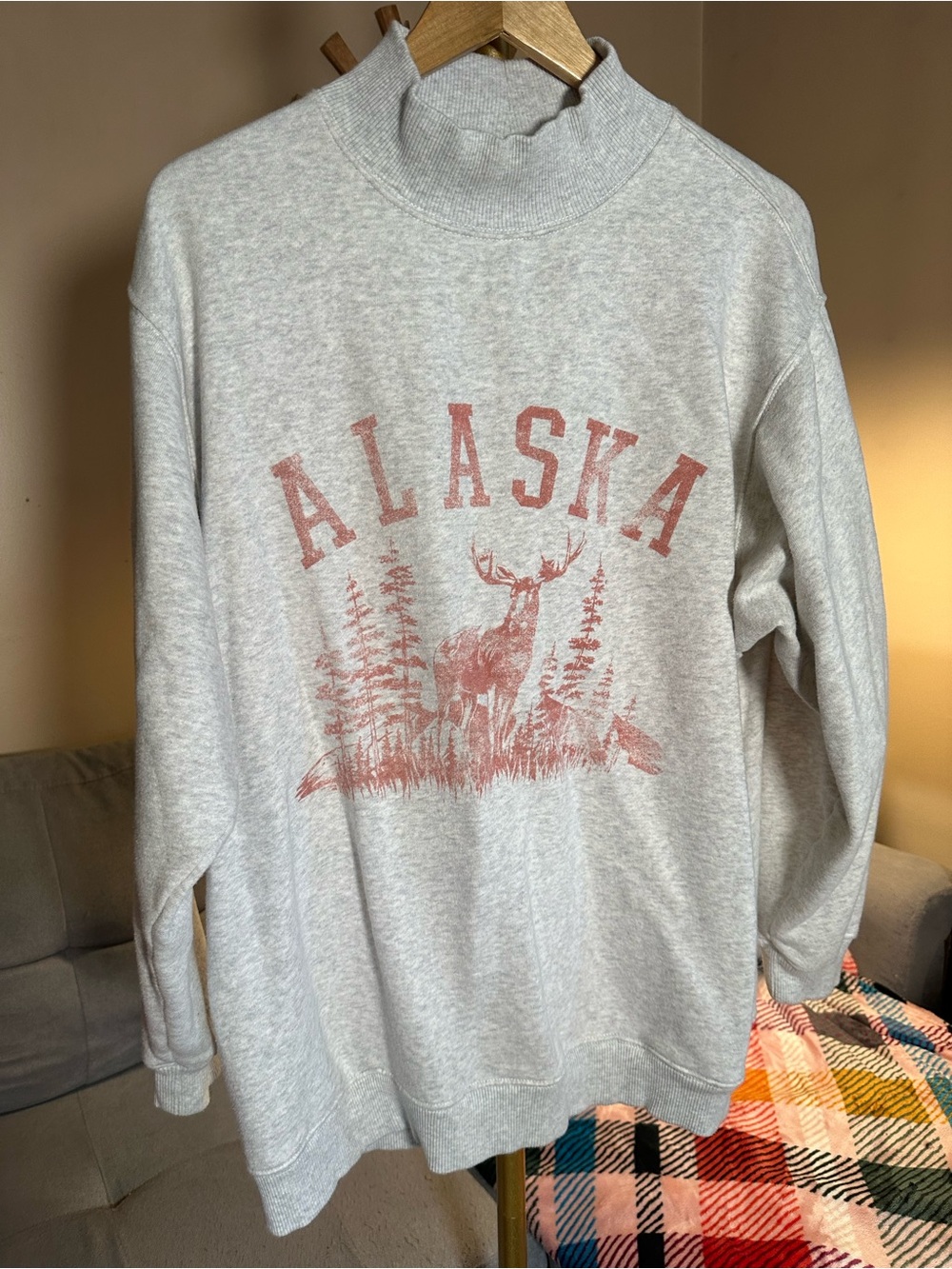 aerie Light Gray Mock Neck Sweatshirt with Rust Alaska Print Moose